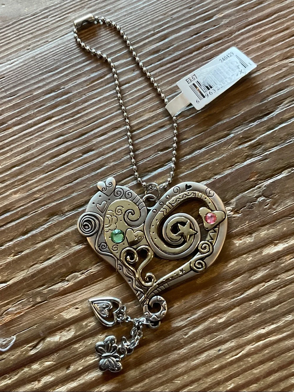 GANZ Silver color Heart with Pink & Green Stones purse/bag charm or key holder